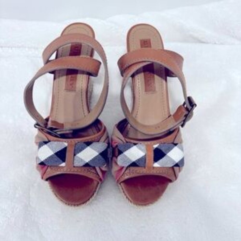 NWOT | AUTHENTIC Burberry Nova Check Leather Wedge Sandals | Ankle Strap | EU 39 - Picture 2 of 14